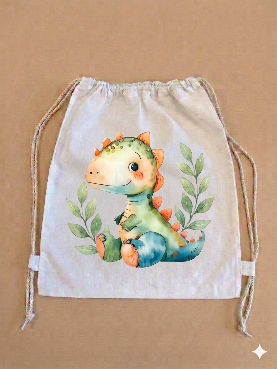 Sacchetto Asilo Personalizzato - Dinosauro Verde con Foglie