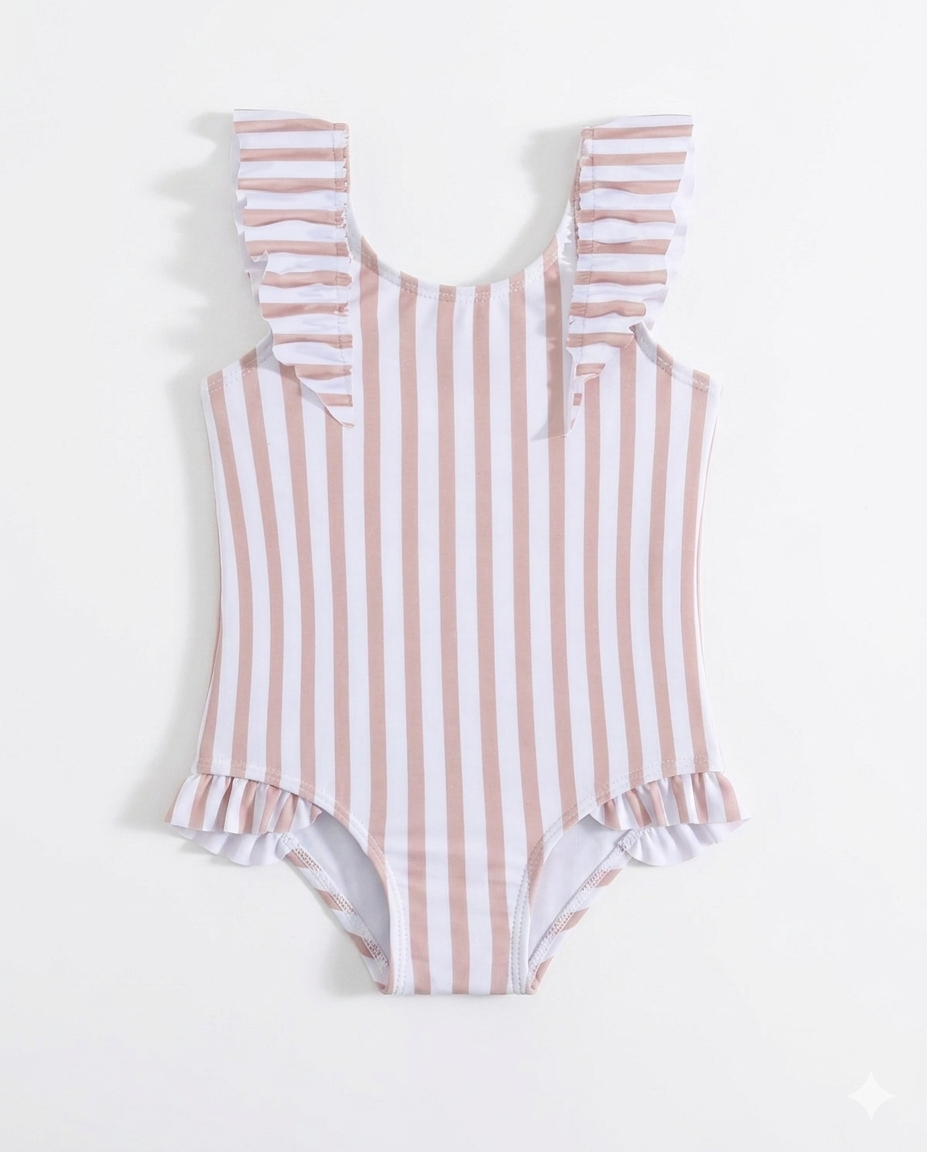 Costume intero bambina righe rosa con volant