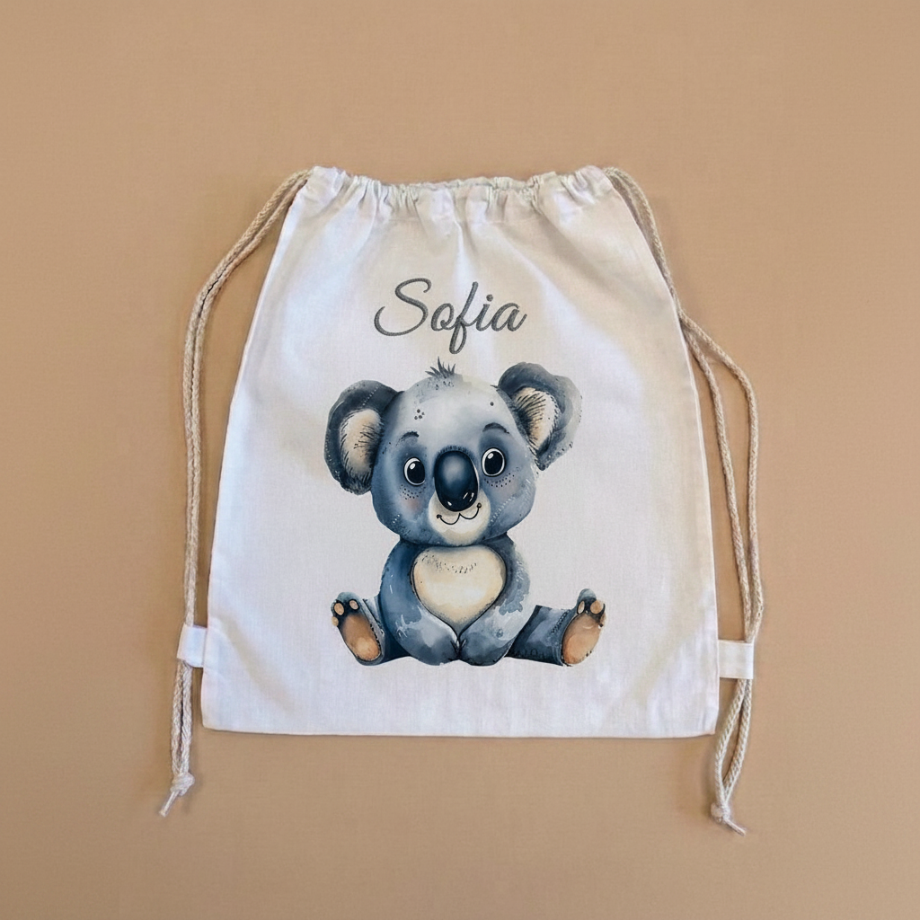 Sacchetto asilo koala con nome ricamato in corsivo
