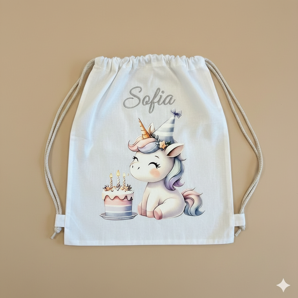 Sacchetto asilo unicorno compleanno con nome ricamato in corsivo