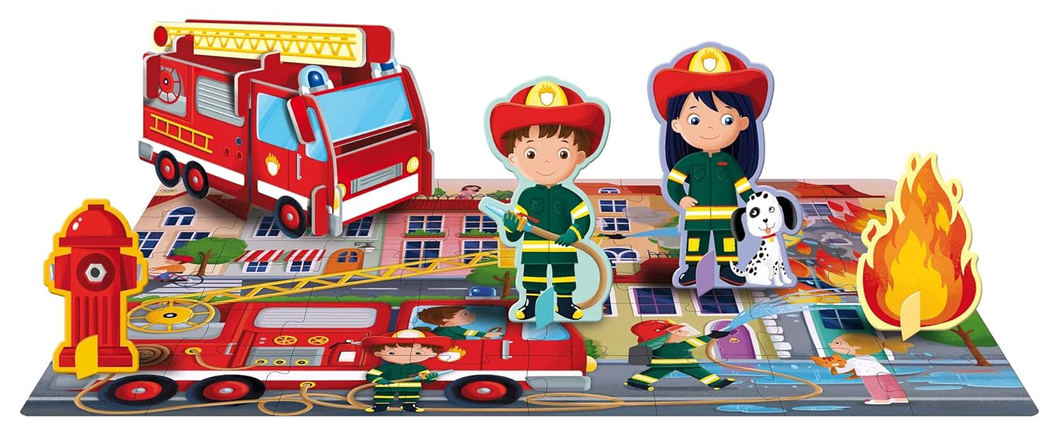 I Pompieri – Q-box Sassi | Libro + Puzzle + Figure + Camion da Costruire | 4+ anni