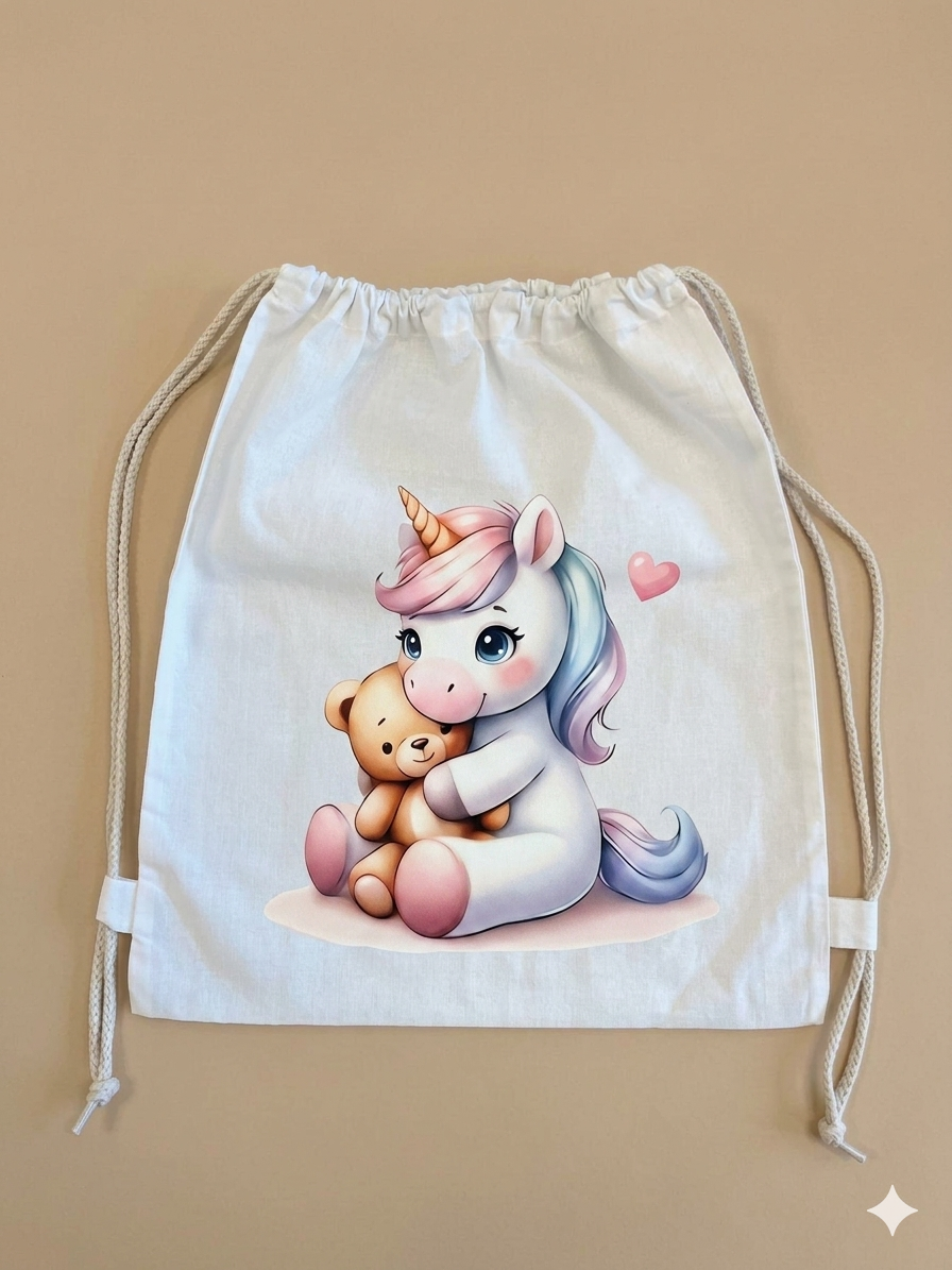 Sacchetto Asilo Personalizzato - Unicorno con Orsetto