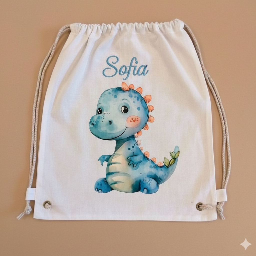 Sacchetto asilo dinosauro blu con nome ricamato in corsivo