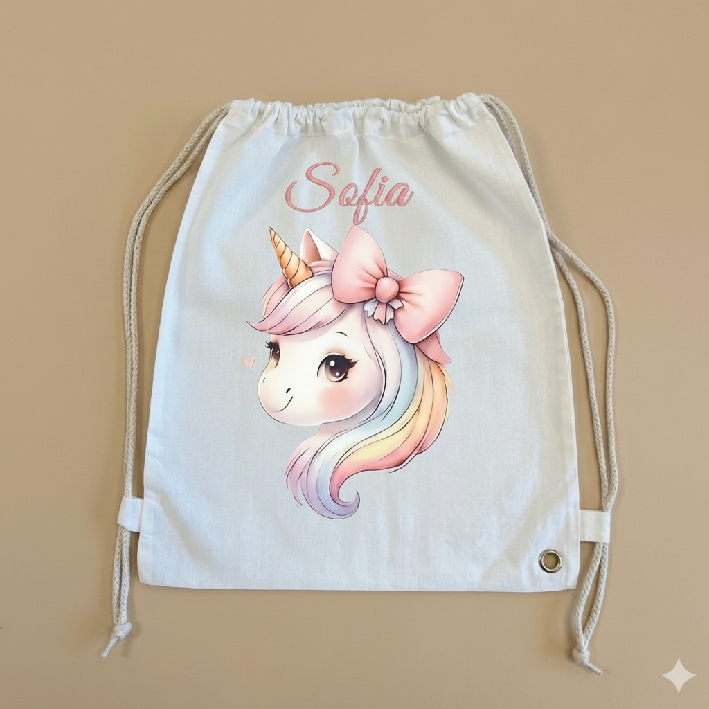 Sacchetto asilo unicorno con fiocco rosa e nome ricamato in corsivo