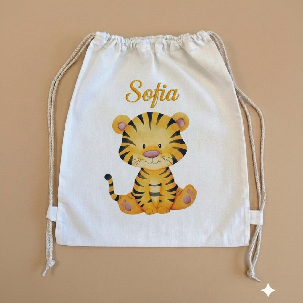 Sacchetto asilo tigre con nome ricamato in corsivo