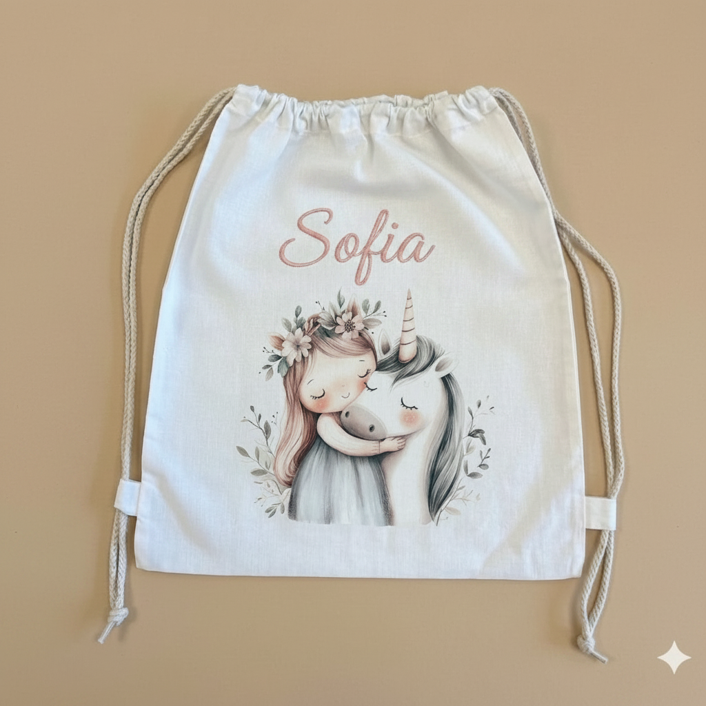 Sacchetto asilo bambina e unicorno con nome ricamato in corsivo