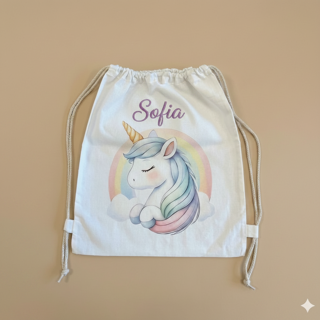 Sacchetto asilo unicorno arcobaleno con nome ricamato in corsivo