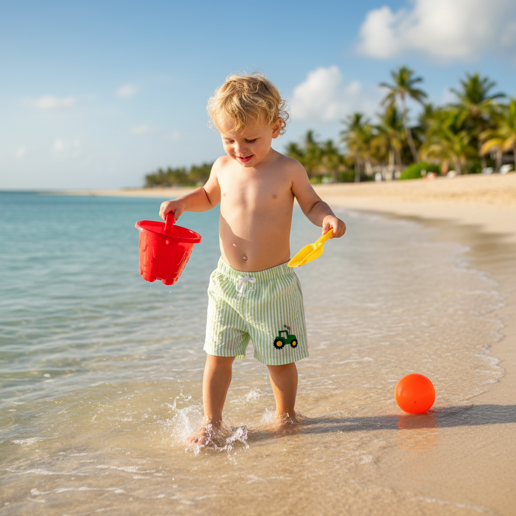 Costume da bagno bambino shorts trattore verde - indossato