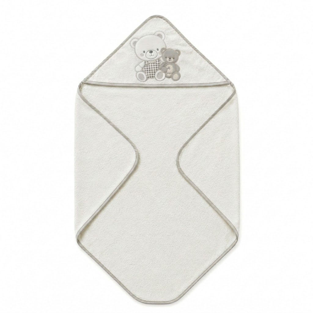 Accappatoio Triangolo Neonato con Cappuccio – Bianco/Grigio Orsetti