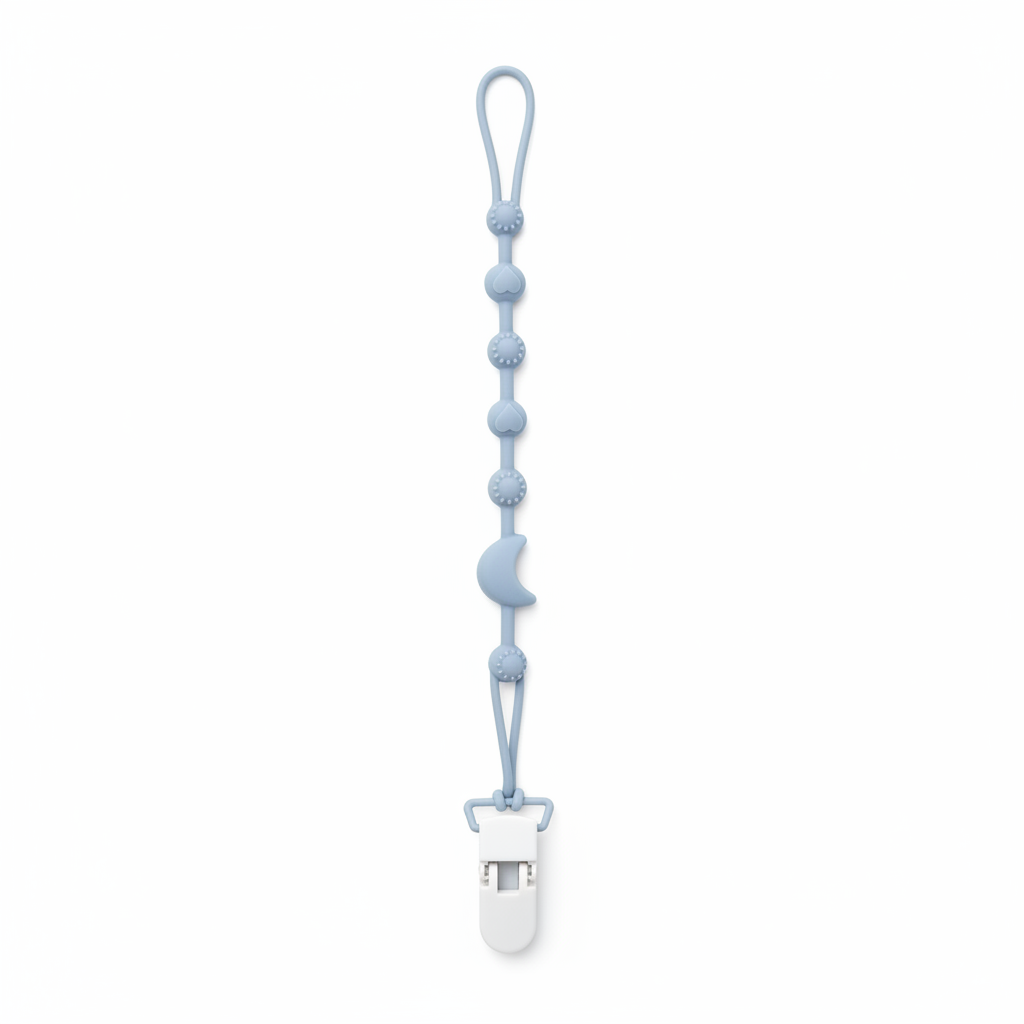 Clip per ciuccio in silicone luna azzurro sfondo bianco