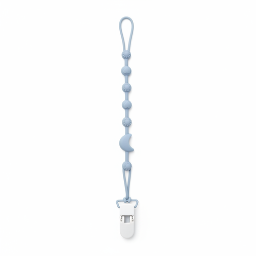 Clip per ciuccio in silicone luna azzurro sfondo bianco