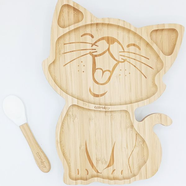 Piatto Gatto in Bambù con Cucchiaio - Set Pappa Bambini | Ecomikro