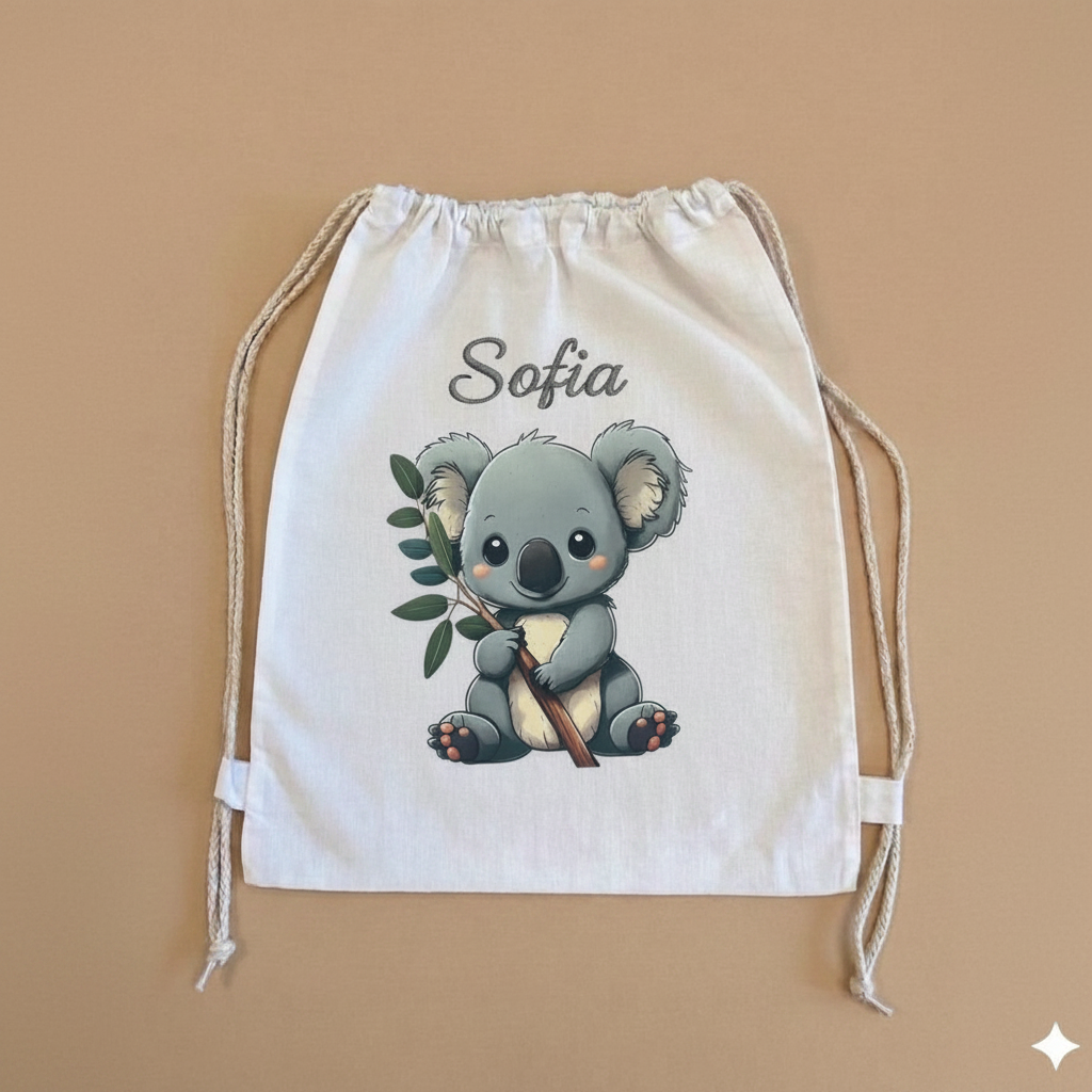 Sacchetto asilo koala con eucalipto con nome ricamato in corsivo