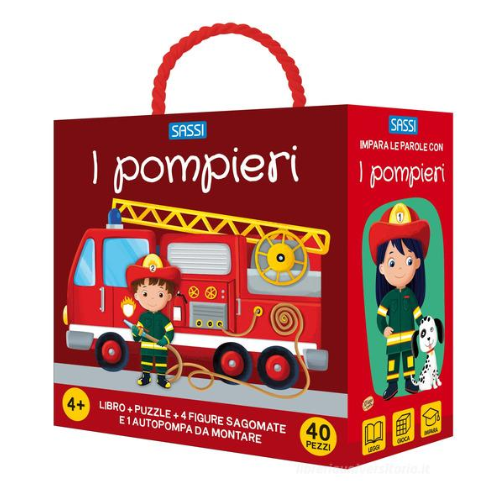 I Pompieri – Q-box Sassi | Libro + Puzzle + Figure + Camion da Costruire | 4+ anni