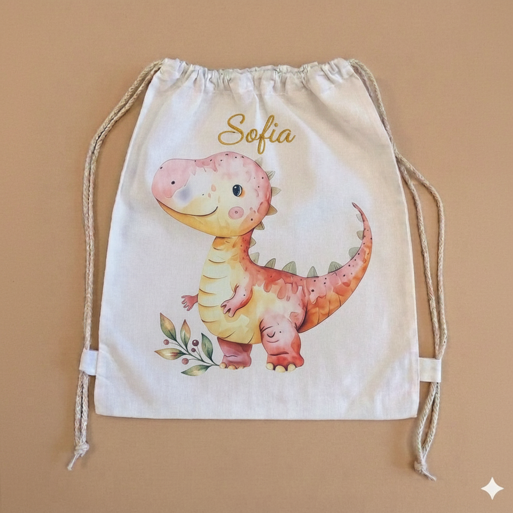 Sacchetto asilo dinosauro rosa con nome ricamato in corsivo