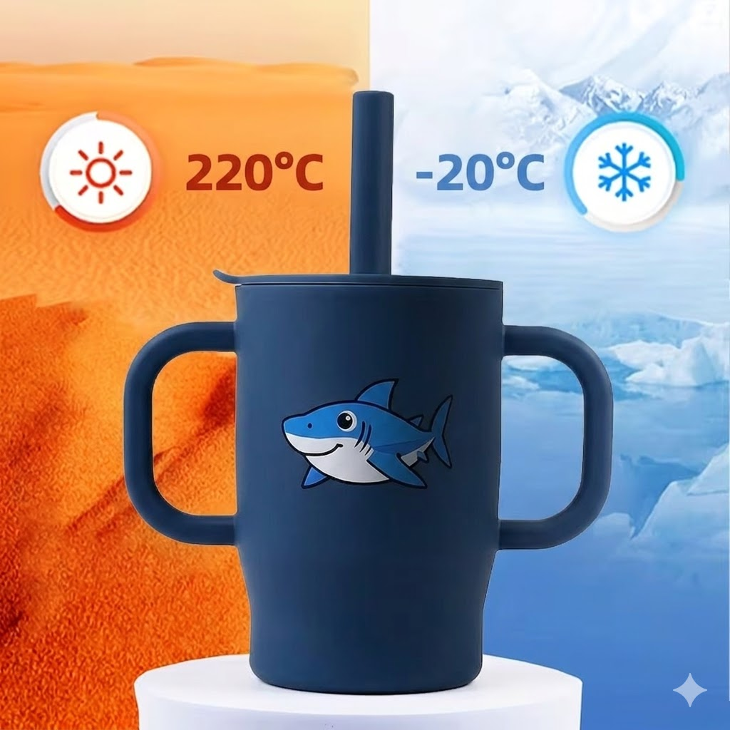 Tazza Didattica in Silicone per Neonati 180ml con Cannuccia – Squalo