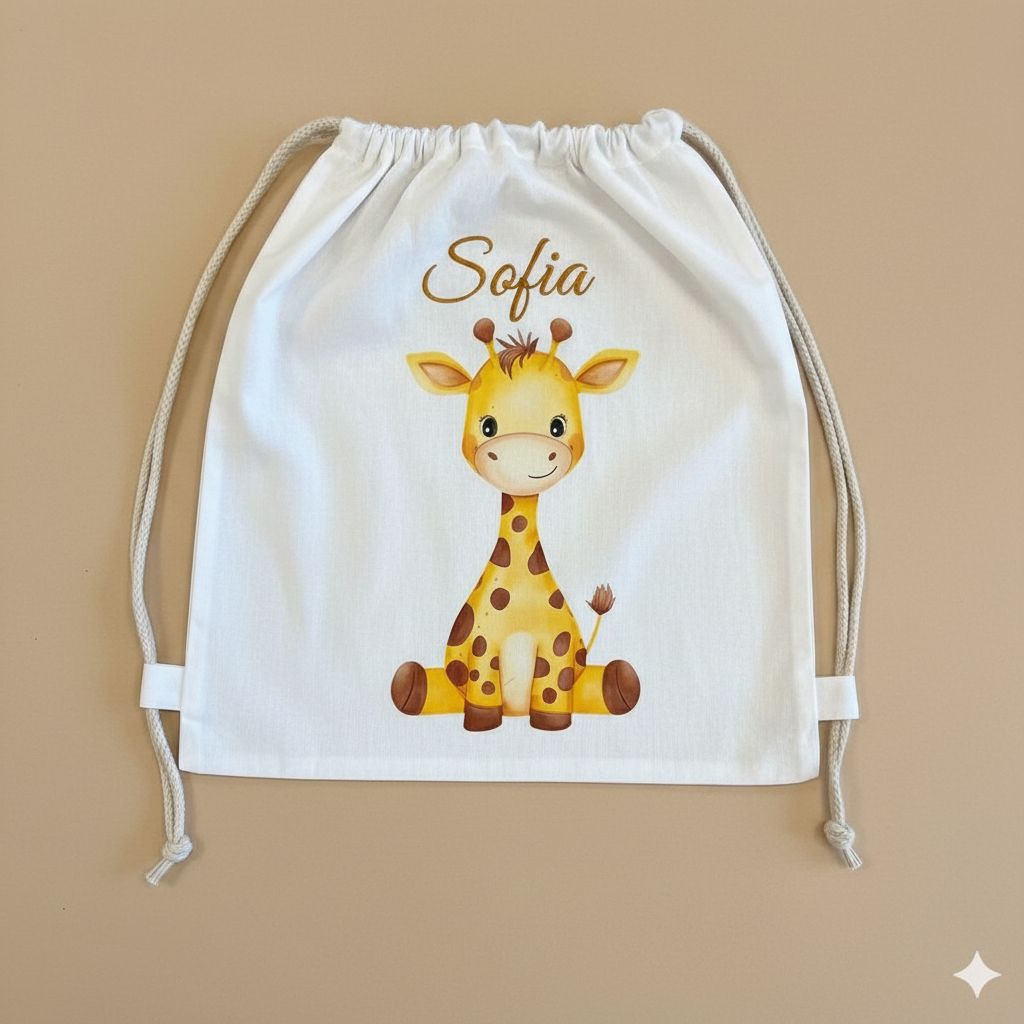 Sacchetto asilo giraffa con nome ricamato in corsivo