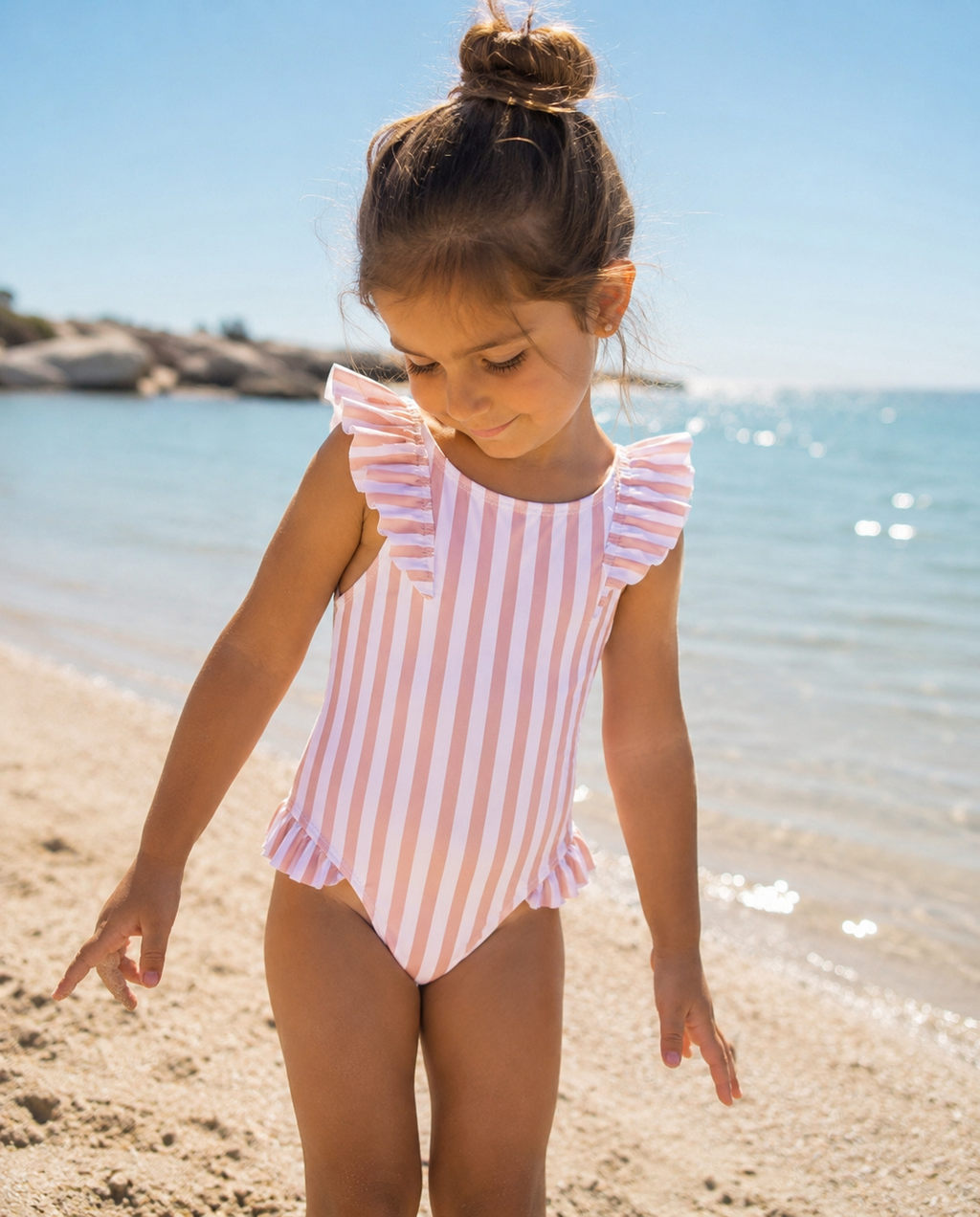 Costume intero bambina righe rosa con volant