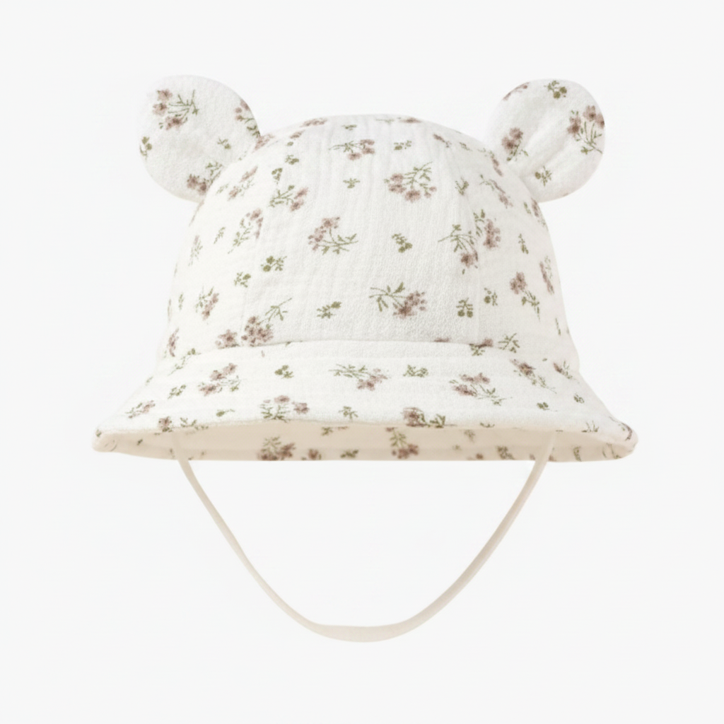 Cappellino da sole bambina fiori bianchi con orecchiette